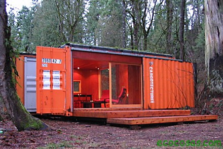 Picture of CONEX customixed into self-contained cabin living quarters, or lockable, theft-proof storage .  